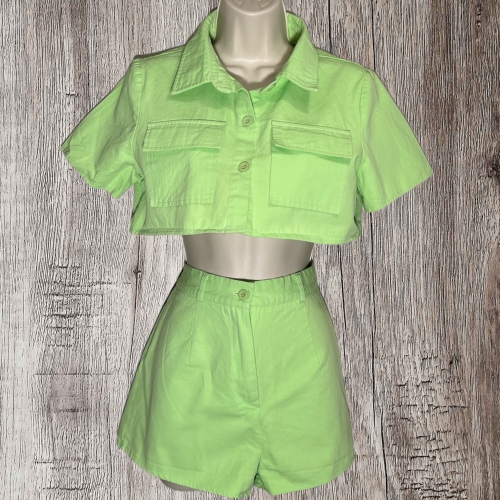 SHEIN Neon Green Two-Piece Cropped Jumpsuit Romper Set